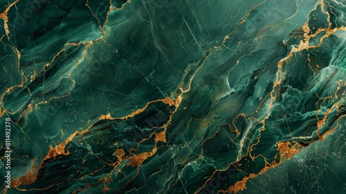 An enchanting close-up photograph capturing the intricate details of a green marble surface with golden veins, their delicate and fluid patterns creating a mesmerizing texture