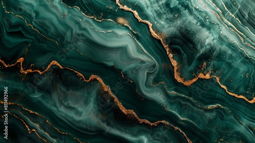 An exquisite abstract composition featuring a dark green aqua background with golden veins reminiscent of marble, their intricate patterns adding a sense of movement and dynamism to the image