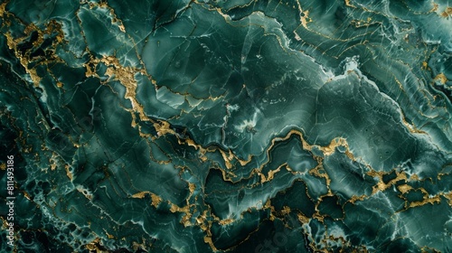 An exquisite close-up capture of a green marble surface adorned with golden veins, their fluid and organic patterns creating a sense of movement and dynamism