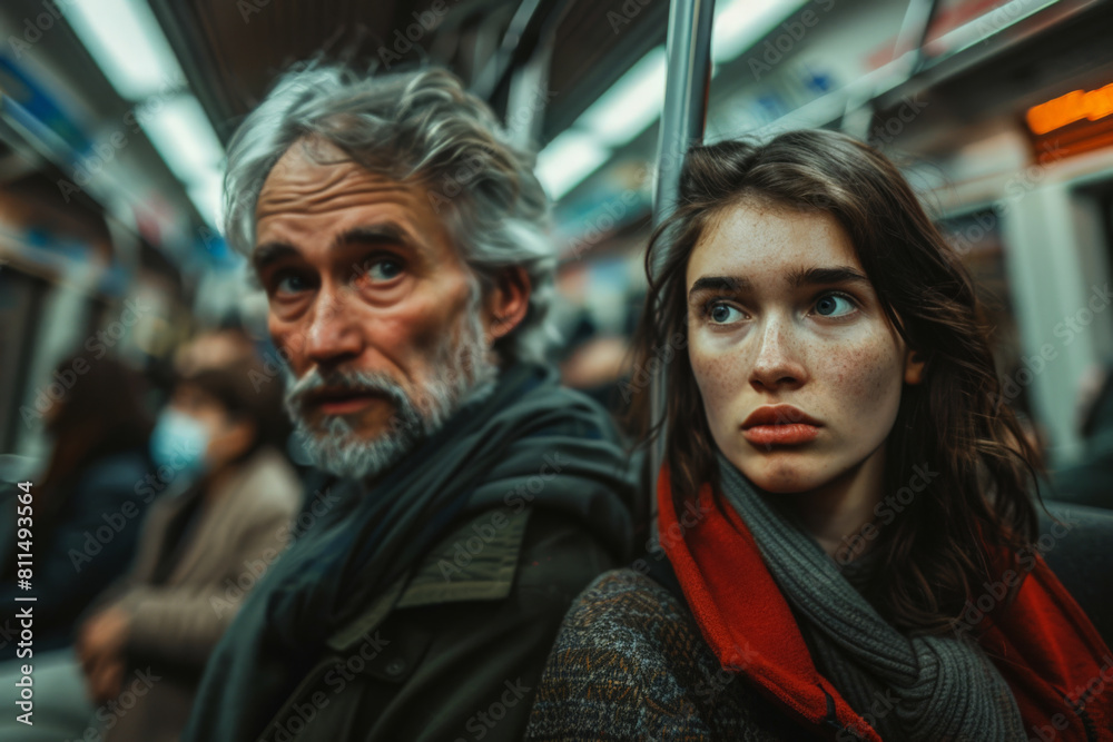 Thoughtful Young Woman and Older Man on a Crowded Subway.