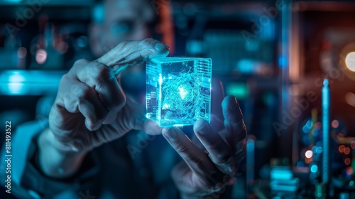 A man holds a glowing blue cube in his hand. photo