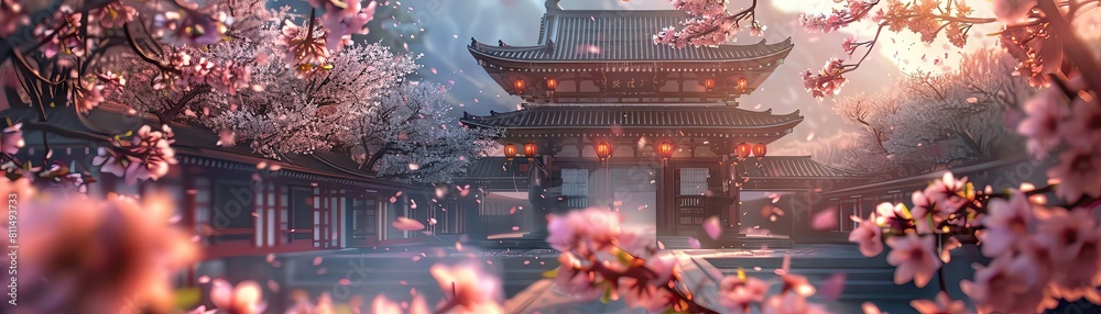 Blooming cherry blossoms enveloping an ancient temple during a serene spring morning