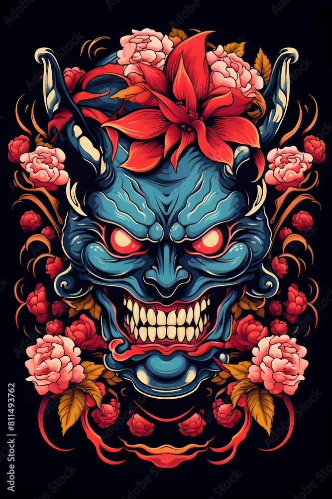 Naklejka premium Menacing Hannya Mask Traditional Japanese Tattoo Artwork with Powerful Demonic Expression
