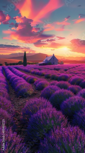 Blooming fields of lavender stretching towards a rustic farmhouse at sunset