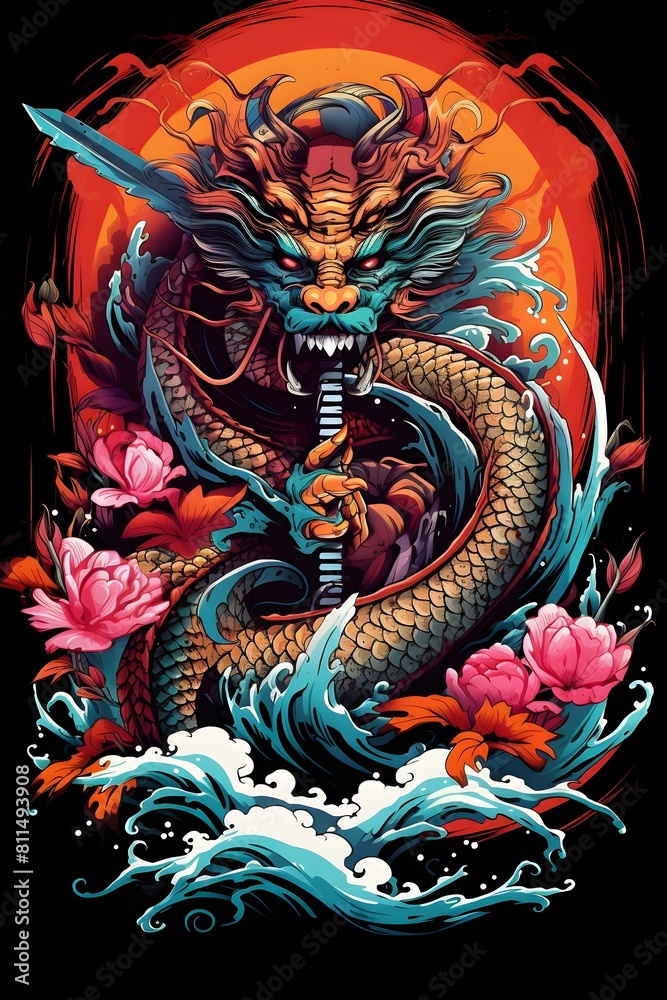 Obraz premium Mystical Dragon Coiled Around Sacred Sword with Vibrant Patterns and Colors Symbolizing Protection and Strength on Black Background