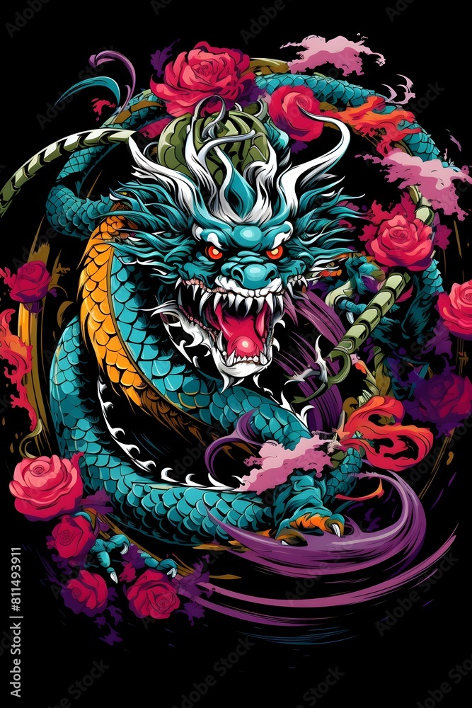 Obraz premium Mystical Dragon Coiled Around Sacred Sword With Vibrant Patterns on Dark Background