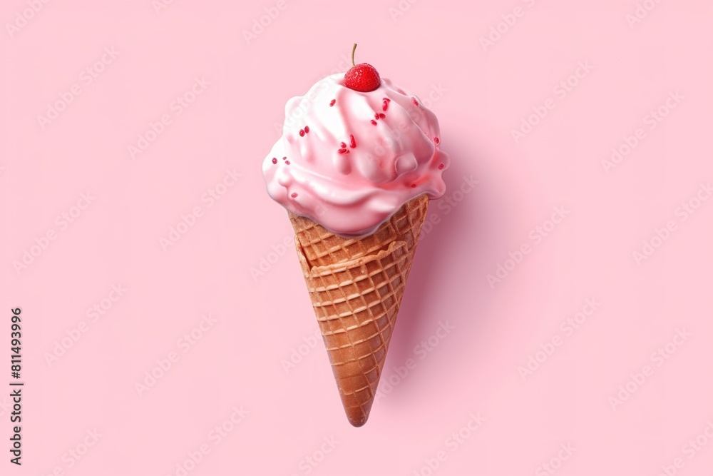 Strawberry Ice Cream Cone Seen from Above on Pink Strawberry Ice Cream Cone Seen from Above on Pink
