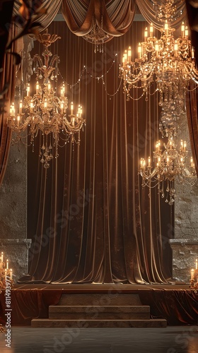 Luxury product display with a velvet backdrop and soft, golden chandeliers