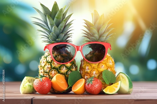 Sunglasses Amidst Freshy Fruits Background, Signifying Summer Festive Time photo