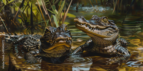 cute baby crocodiles  sitting together in the swamp  generative AI