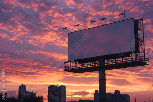 Sunset over a blank billboard with a city skyline, perfect for capturing dramatic advertising moments.