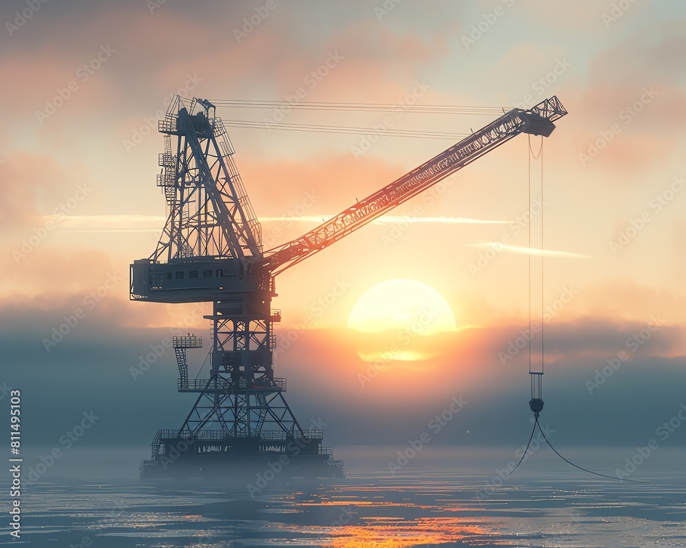 Artistic render of a crane at sunset, with the silhouette highlighting the elegant lines, digitally imposed on a white canvas Artistic render of a crane at sunset, with the silhouette highlighting the elegant lines, digitally imposed on a white canvas