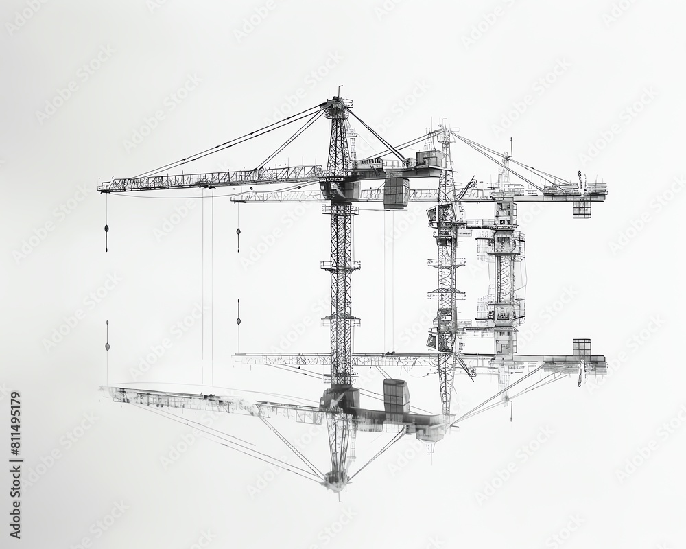 Crane with a mirror image effect, creating a surreal symmetrical view that emphasizes the balance of its construction, on white Crane with a mirror image effect, creating a surreal symmetrical view that emphasizes the balance of its construction, on white