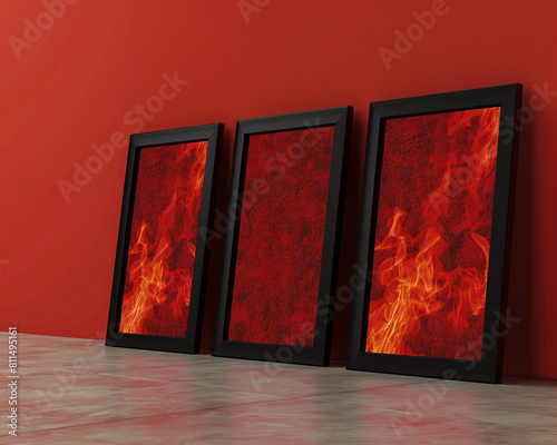 Three sleek black frame mockups on a fiery red wall intense and eye-catching