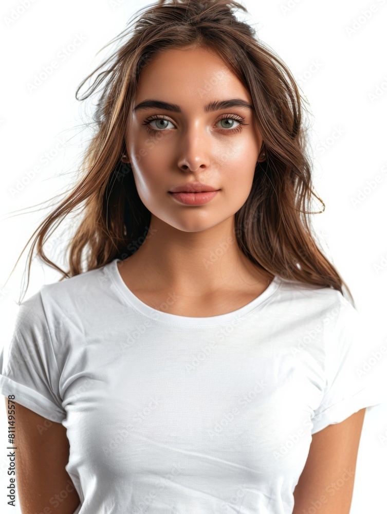Woman wearing white tshirt mockup created with generative AI Woman wearing white tshirt mockup created with generative AI