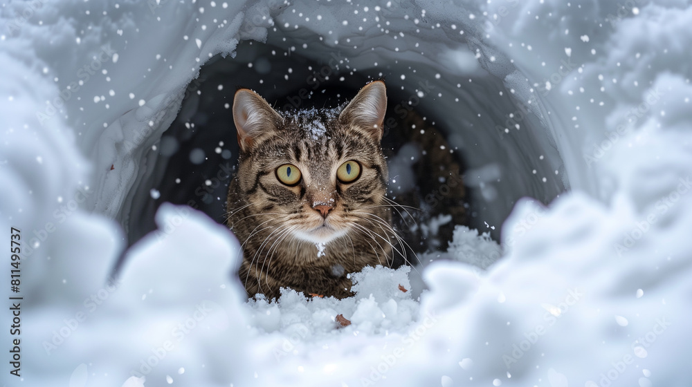 cat on the rock snow falling black with green eye hide on cage 