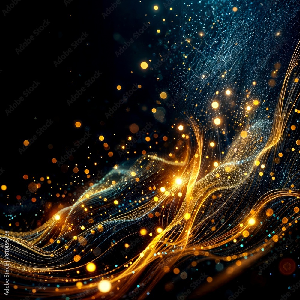 Glowing golden particles on a dark blue background