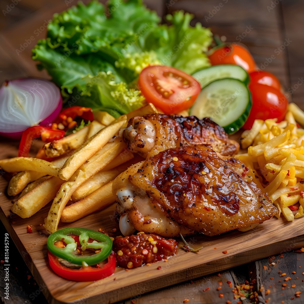 Irresistible crispy chicken, freshly prepared and still warm, incredibly appetizing, paired with potato fries, sliced onions, sliced chilies, sliced peppers, and sliced tomatoes, served on a wooden pl