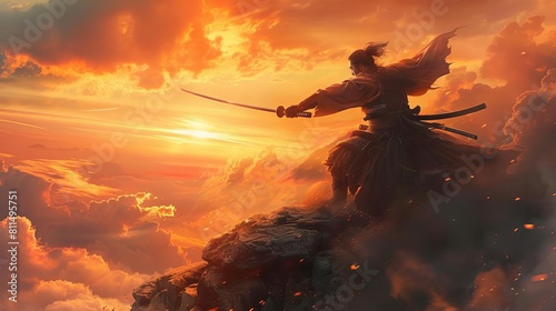 A fierce samurai wielding a katana in a dynamic battle stance on a rocky cliff at sunset photo
