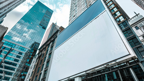 Urban advertising canvas on a white billboard  set against a backdrop of tall city buildings.