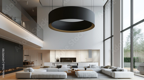 Circular pendant light with a matte charcoal finish in a minimalist setting.