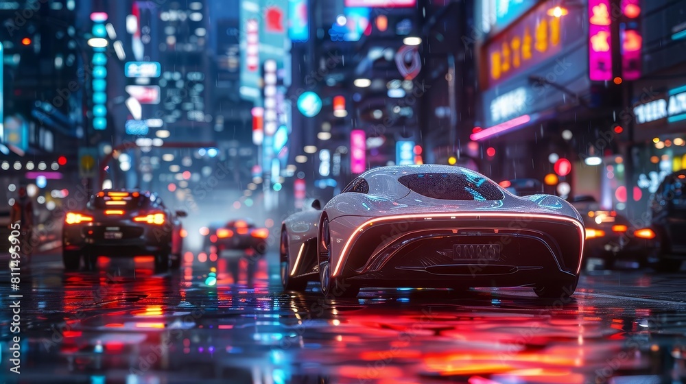 A futuristic city street scene with autonomous vehicles smoothly navigating through traffic without human intervention A futuristic city street scene with autonomous vehicles smoothly navigating through traffic without human intervention