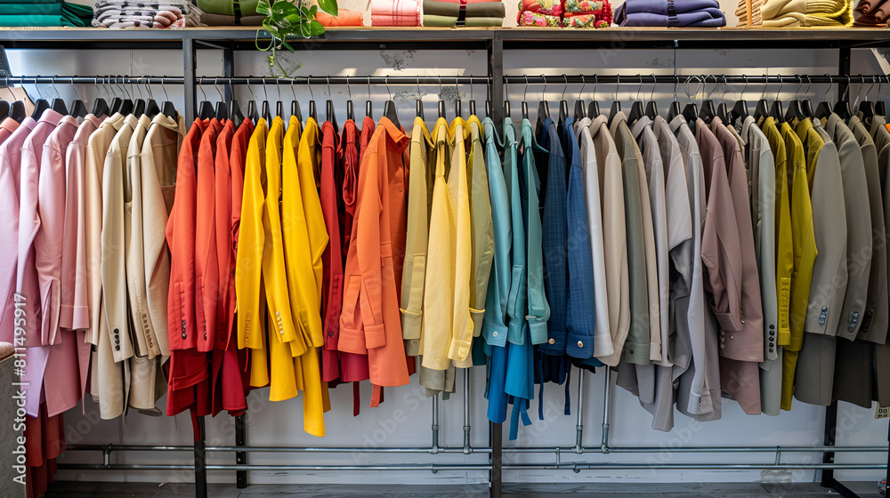 Colorful clothes on racks in a fashion boutique, generative Ai
