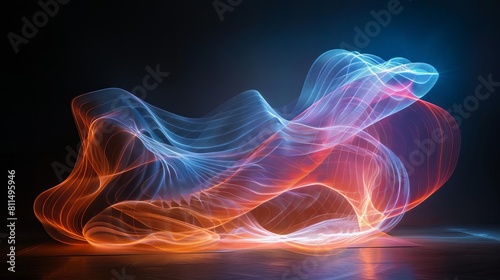 A longexposure photograph of a light painter creating wireframe shapes in the dark, showcasing the fluidity of light and form
