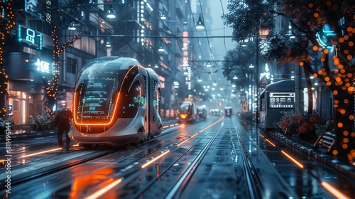 A futuristic smart city street scene, with autonomous vehicles, smart streetlights, and digital information displays