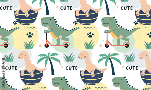 Seamless pattern with cute dinosaur vector