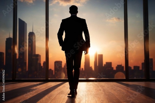 Silhouette of business man in corporate environment, standing journey to success