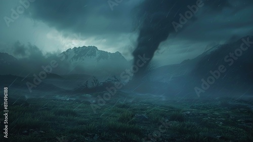 The image depicts a dramatic night scene with a powerful tornado touching down in a mountainous landscape. The tornado's funnel is dark and defined against the surrounding clouds and faint moonlight,  photo