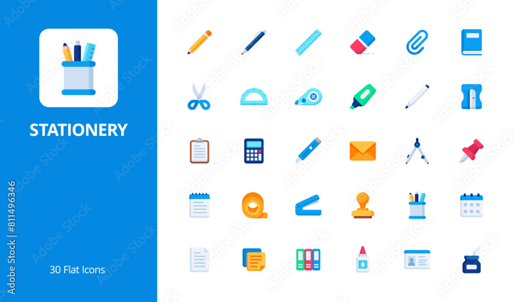 Stationery Icon Set with flat style. A versatile collection perfect for UI, infographics, or social media content related to office supplies or school stationery. Stationery Icon Set with flat style. A versatile collection perfect for UI, infographics, or social media content related to office supplies or school stationery.
