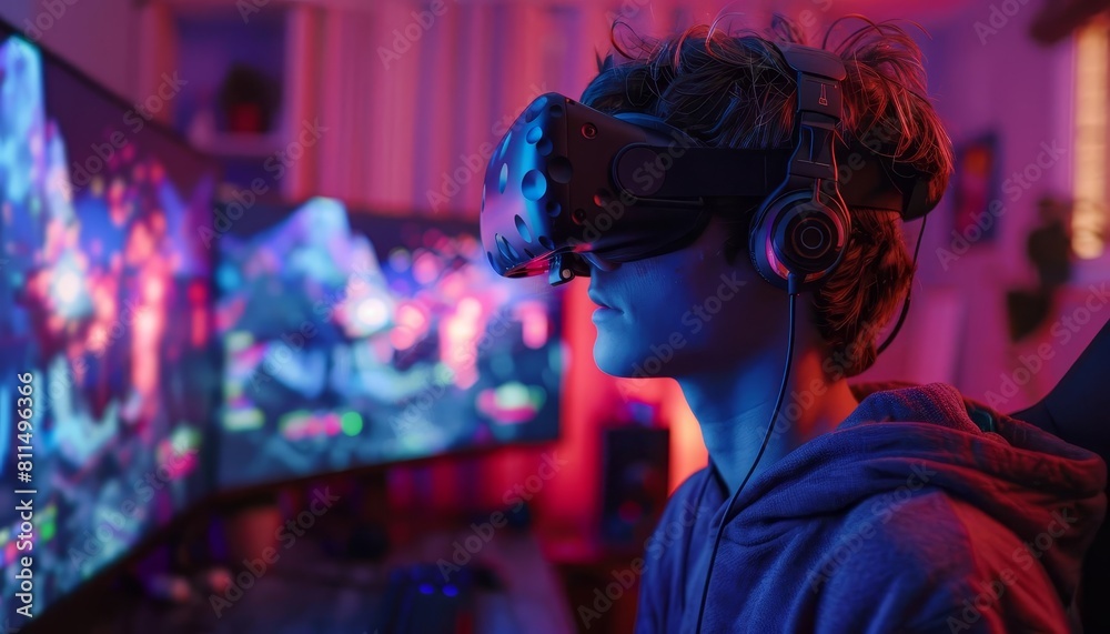 A gamer wearing a braincomputer interface headset, deeply immersed in an advanced game that adapts to emotional and cognitive responses