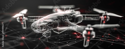 A wireframe model of a futuristic drone, showcasing its aerodynamic design and advanced camera systems