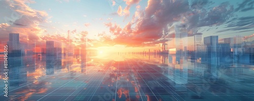 An illustration of a wireframe city floating in the sky, representing the concept of a utopian future