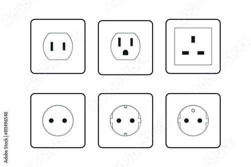 Set of power outlet icons. Type A, B, C, G, E, F outlet icons in white color. Vector illustration