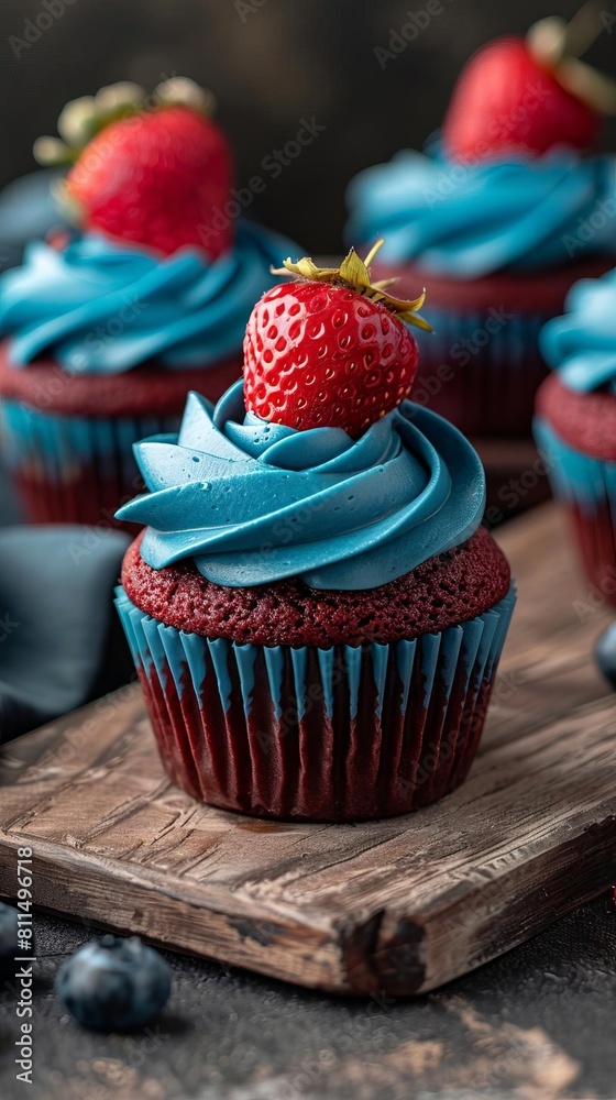 Red velvet cupcakes with blue icing and a single strawberry on top, representing the Juneteenth flag and the sweetness of freedom Red velvet cupcakes with blue icing and a single strawberry on top, representing the Juneteenth flag and the sweetness of freedom