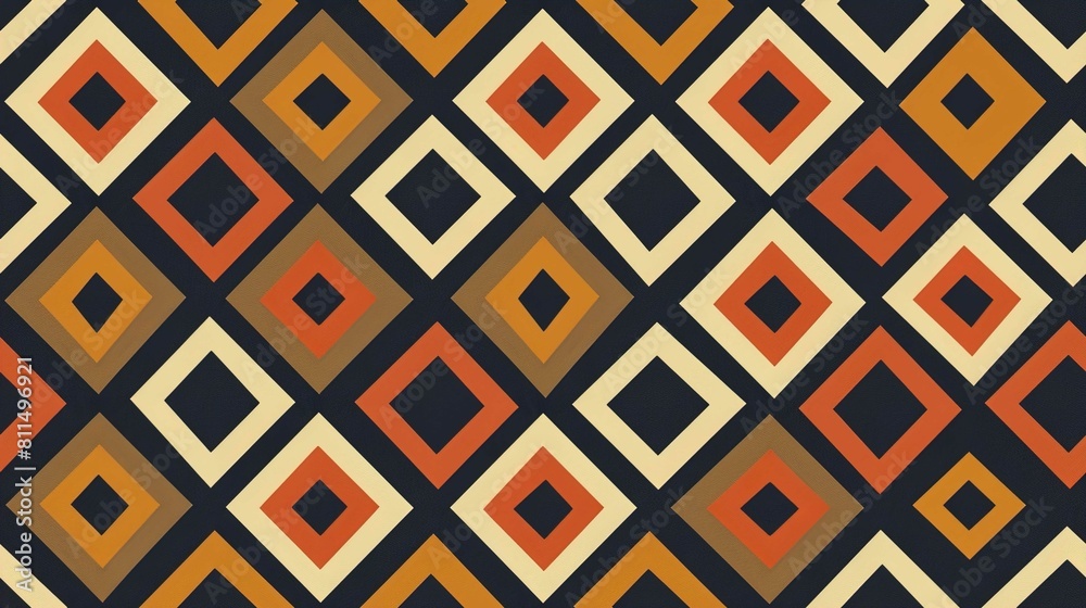 The image displays a geometric pattern consisting of diamond and square shapes organized in a repeating, diagonal arrangement. The color palette is composed of warm tones like ochre, orange, and beige