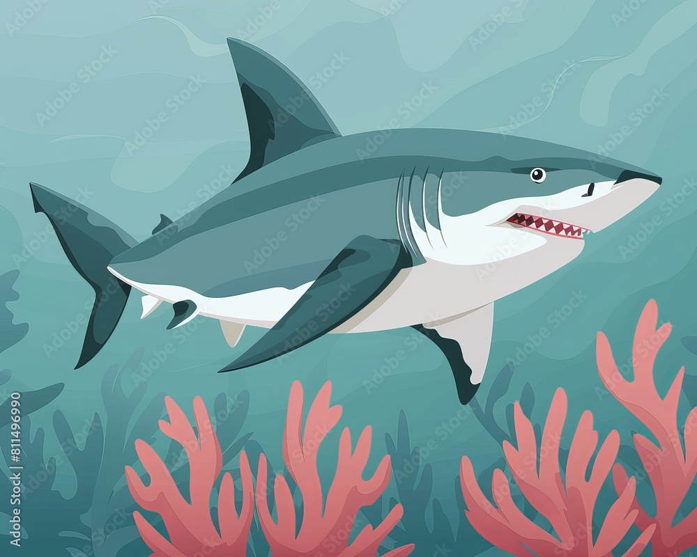 A great white shark swimming over a coral reef. The shark is the