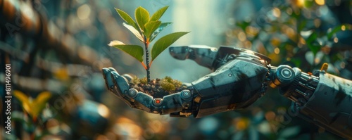 A closeup photograph of a robots hand holding a delicate seedling  symbolizing the fragility of our planet