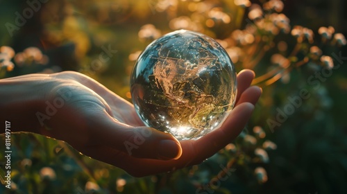 Behold the captivating sight of a beautiful transparent glass globe delicately cradled in a hand