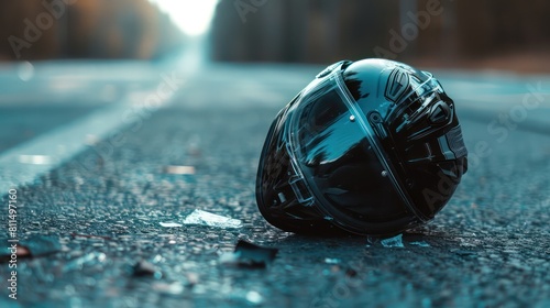 A poignant image of a motorcycle helmet lying abandoned on the pavement after a traffic accident, serving as a reminder of the importance of wearing protective gear. 