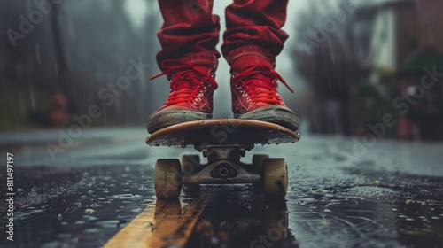 Close-up of a man's feet in red shoes playing a vintage retro skateboard on the street on a dark background. photo