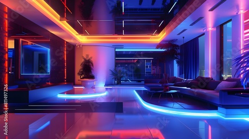 Futuristic interior design. Living room. Technologies made of plastic. 3D illustration