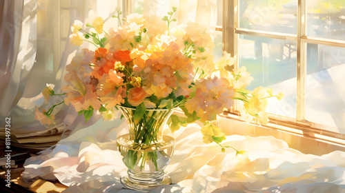 Watercolor pastel window sill and flower arrangement background poster decoration painting
