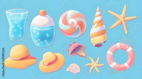 Cartoon summer elements, travel, beach, summertime accessory. Cocktails, ice cream and exotic fruits vector illustration set. Palm and serfing board. Umbrella and sunglasses