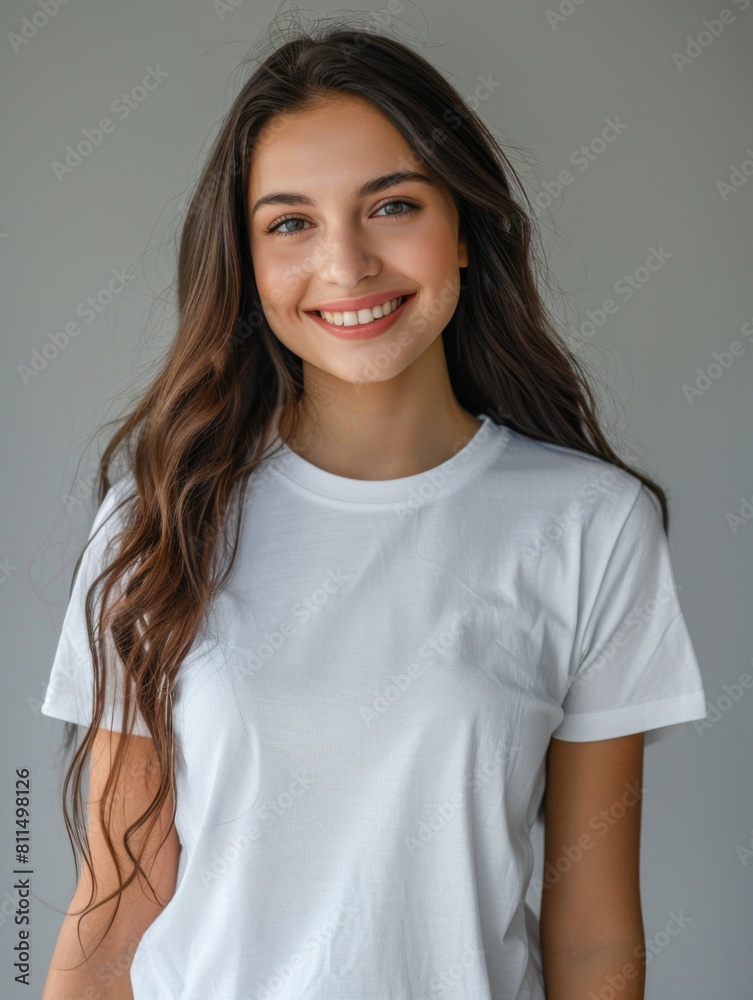 Woman wearing white tshirt mockup created with generative AI Woman wearing white tshirt mockup created with generative AI