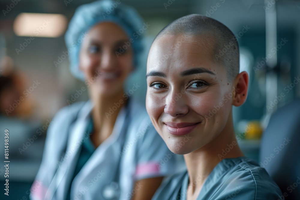 Bald Female Cancer Patient Smiling in Hospital. Young bald female cancer patient smiles confidently, with a healthcare professional blurred in the background, depicting strength and support. Bald Female Cancer Patient Smiling in Hospital. Young bald female cancer patient smiles confidently, with a healthcare professional blurred in the background, depicting strength and support.