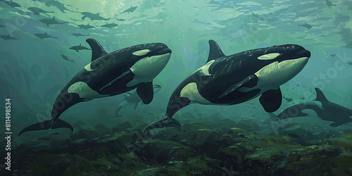 oil painting of orcas swimming in the ocean, generative AI © VALUEINVESTOR